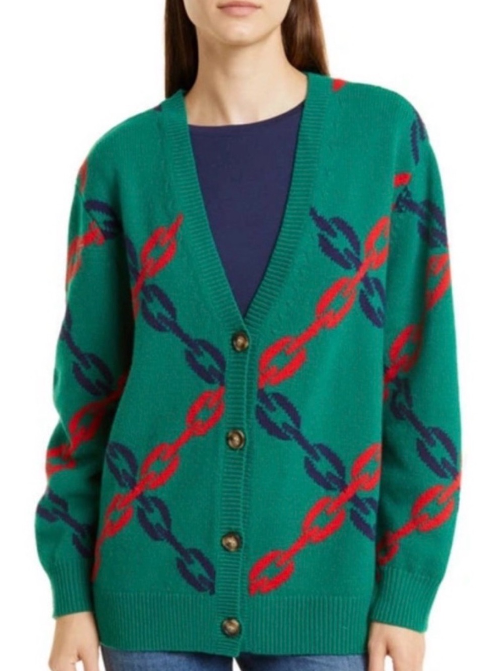 Clare V - Green Cardigan with Red and Navy Chain Motif